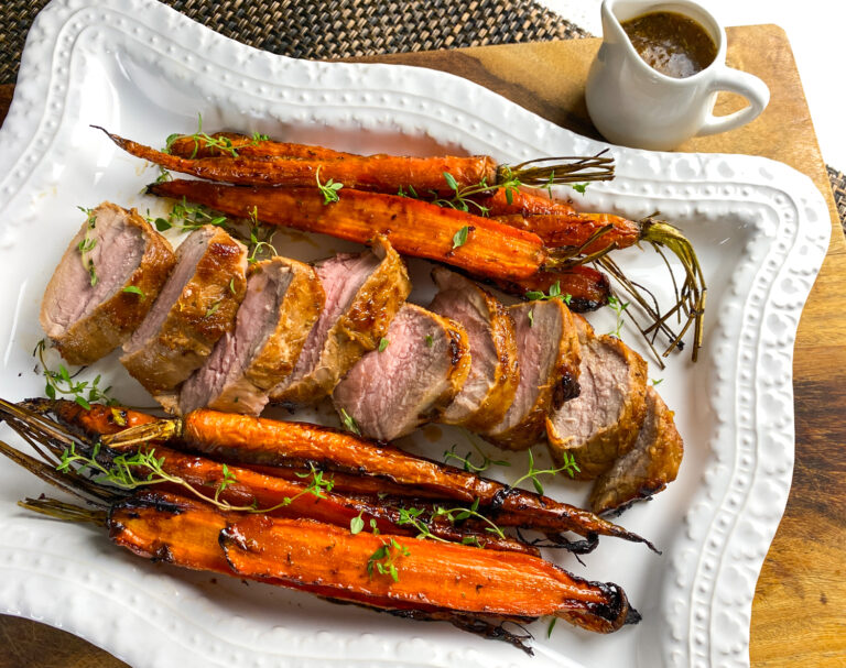 Air Fryer Pork Tenderloin and Whole Carrots with Orange-Chili Glaze