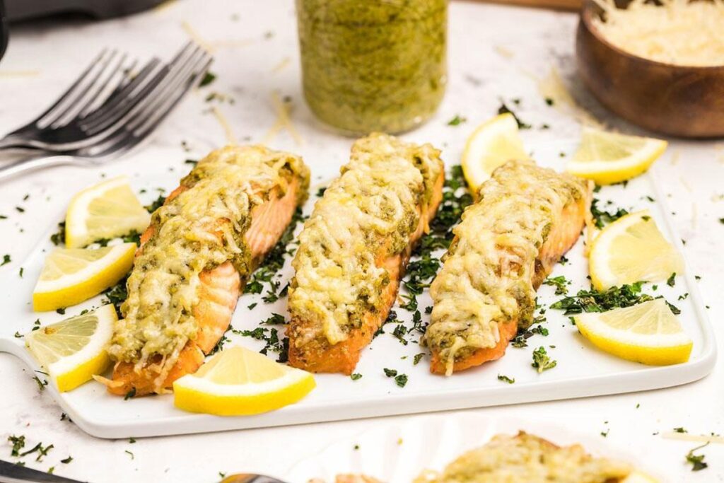 3 pieces of Air Fryer Parmesan Pesto Crusted Salmon Fillets