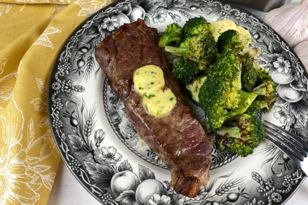 Air Fryer Strip Steak With Compound Roasted Garlic Butter