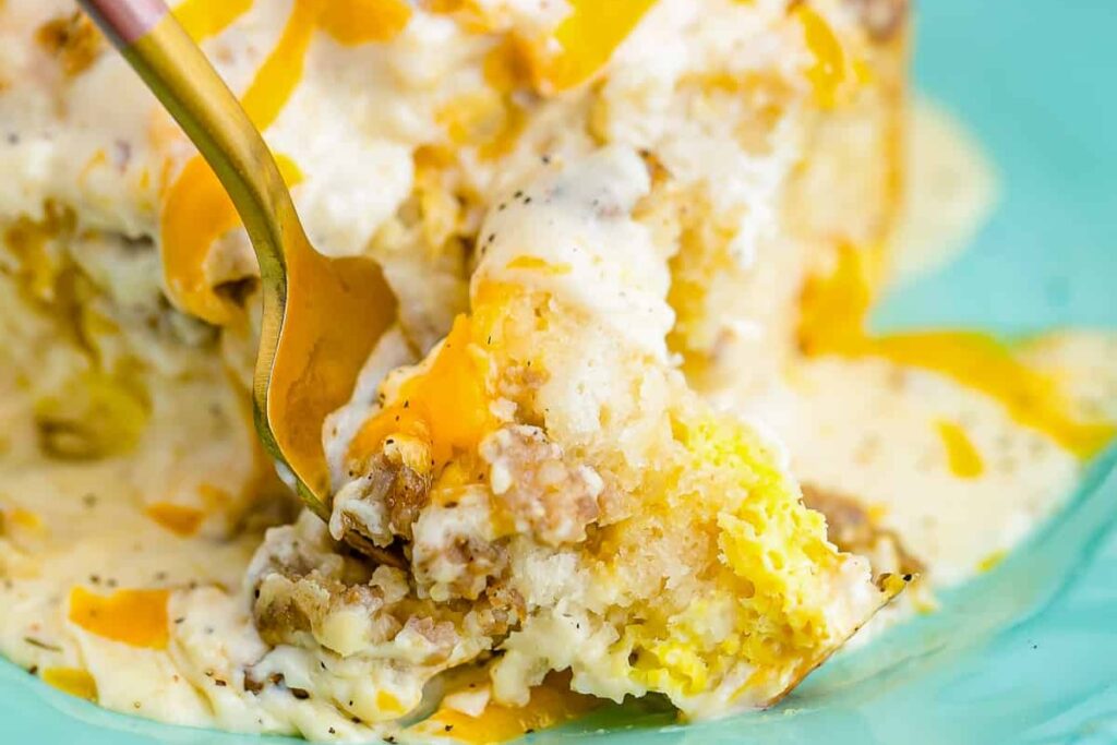 A bowl of Biscuits and Gravy Casserole