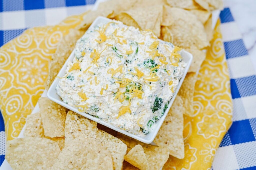 Broccoli Cheese Dip with nacho chips

