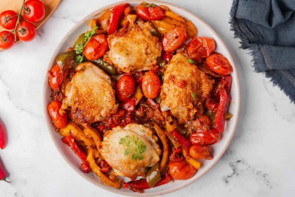 A plate of Chicken Thighs With Bell Peppers