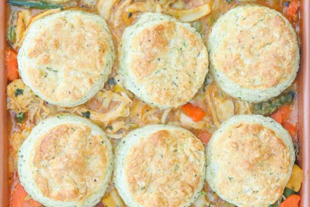 A pan of Classic Chicken Pot Pie With Homemade Biscuit Topping