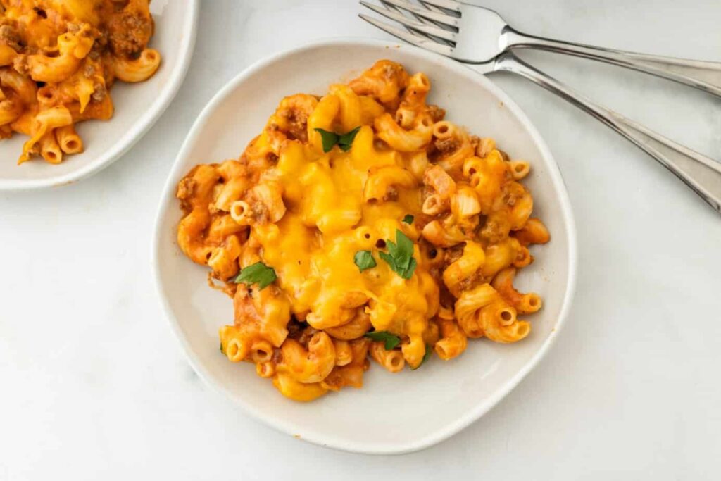 A bowl of Creamy Cheese Beefaroni