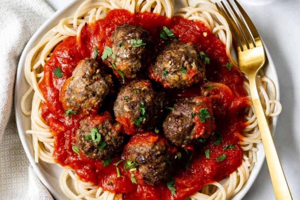 A serving of Spaghetti with Gluten-Free Meatballs