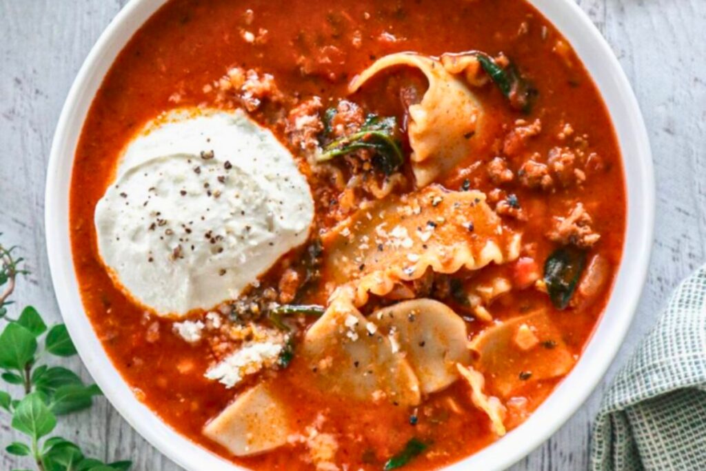 A bowl of Lasagna Soup With Cottage Cheese