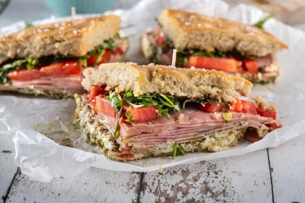 Mortadella, Burrata and Pesto Focaccia Sandwich