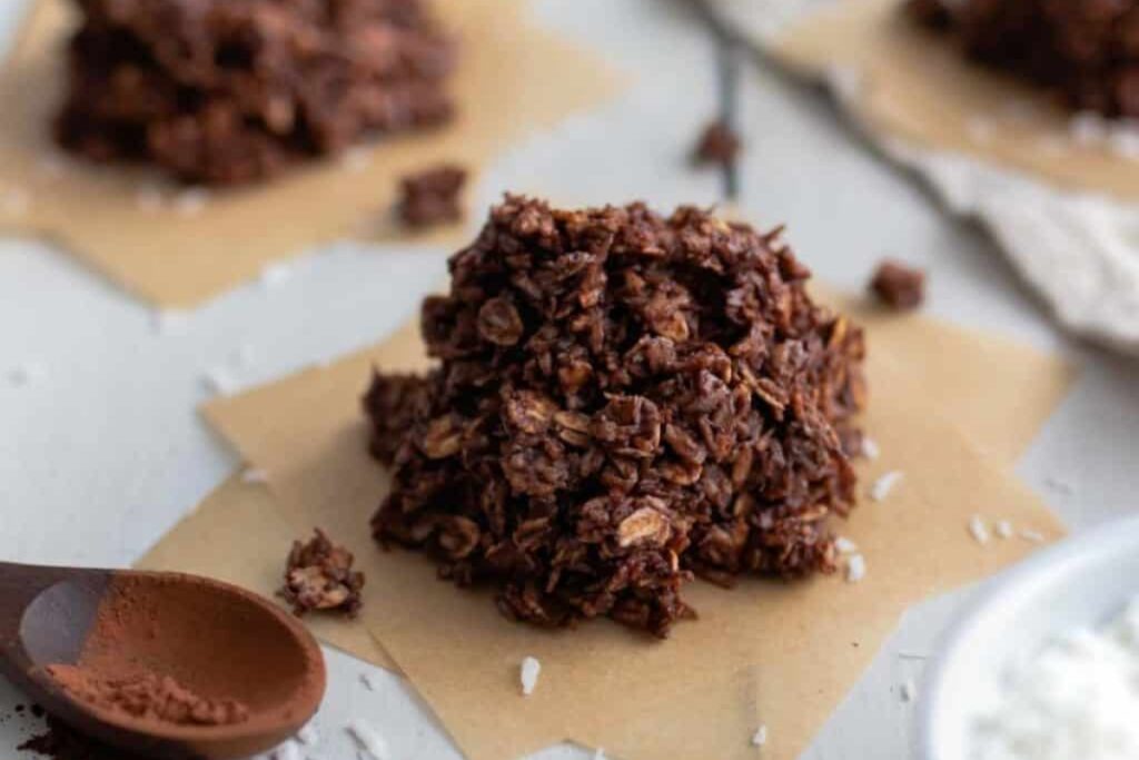 A piece of No-Bake Chocolate Haystack Cookie