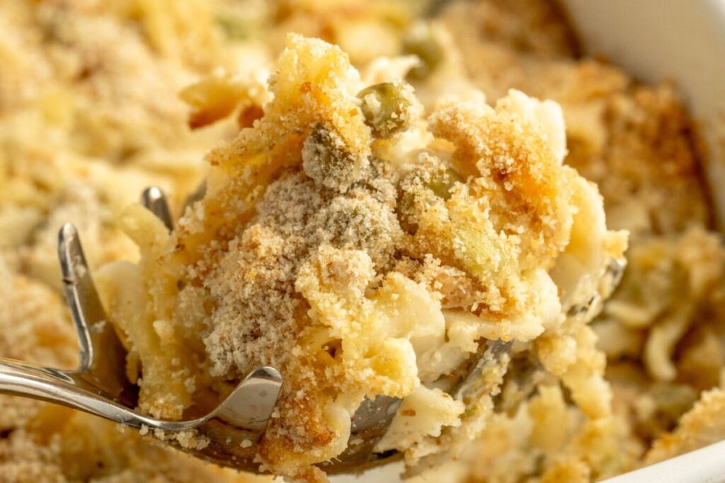 A spoonful of Old Fashioned Tuna Noodle Casserole