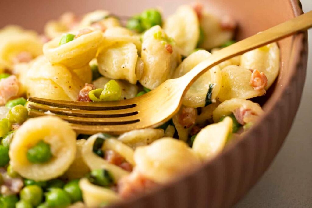 A bowl of Pasta with Pancetta and Peas