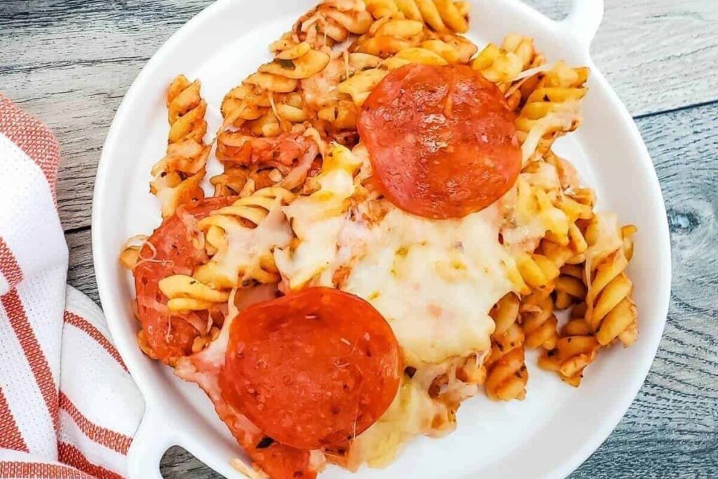 Pepperoni Pizza Casserole in a bowl
