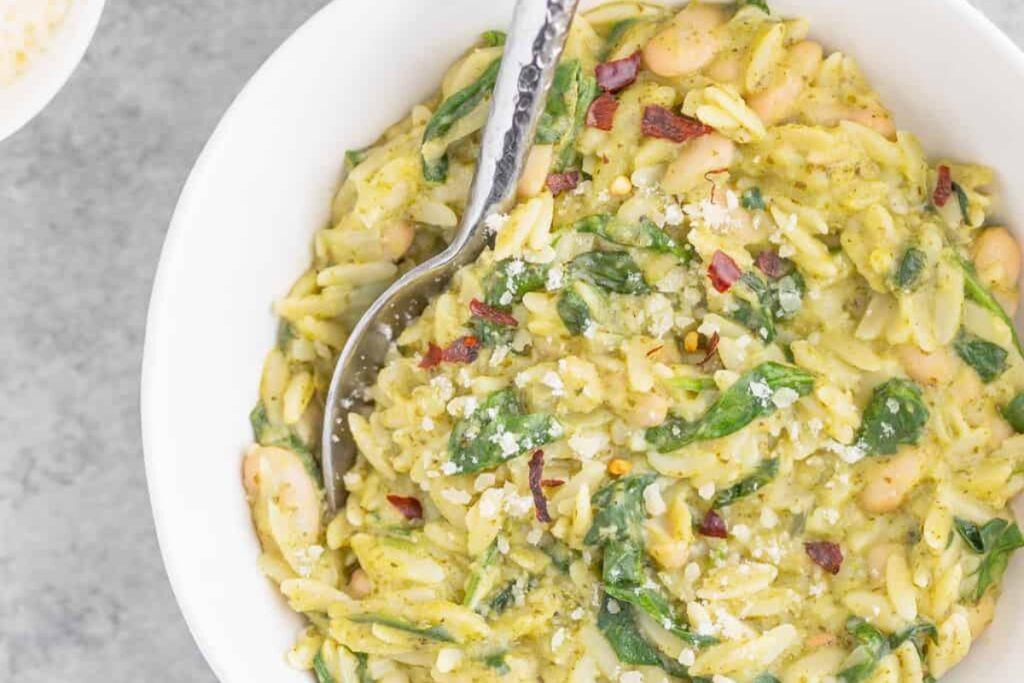 A plate of Pesto Orzo With White Beans