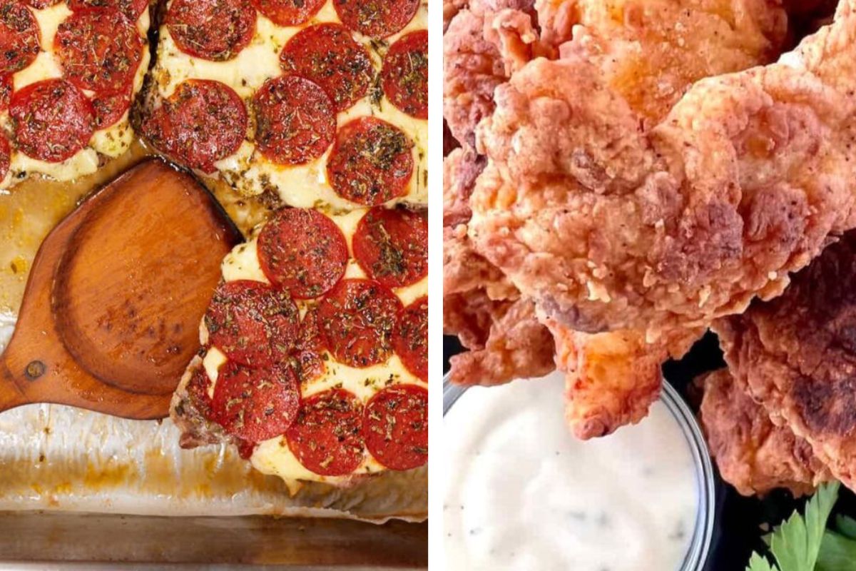 Porkchop Pizza and chicken tenders - split screen