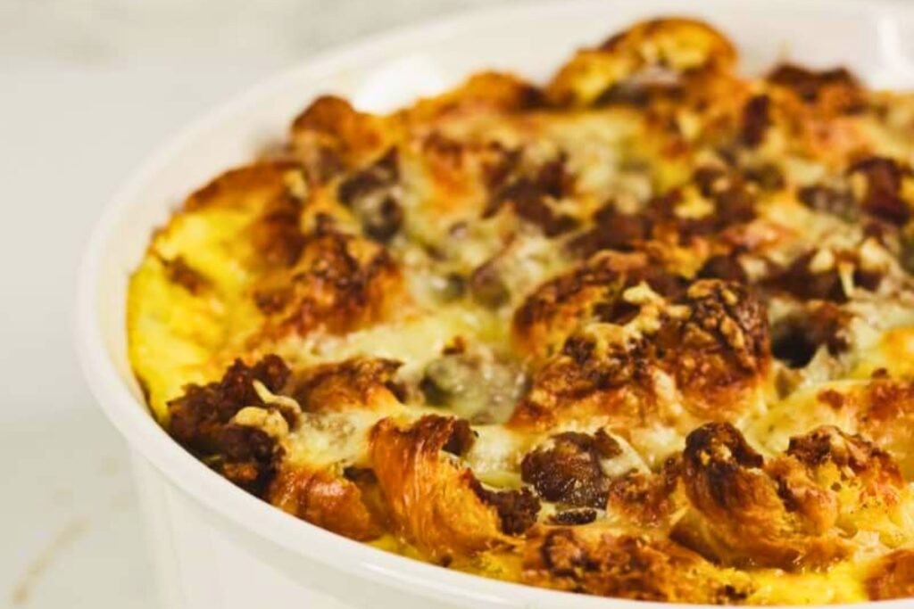 A serving of Sausage Croissant Breakfast Casserole