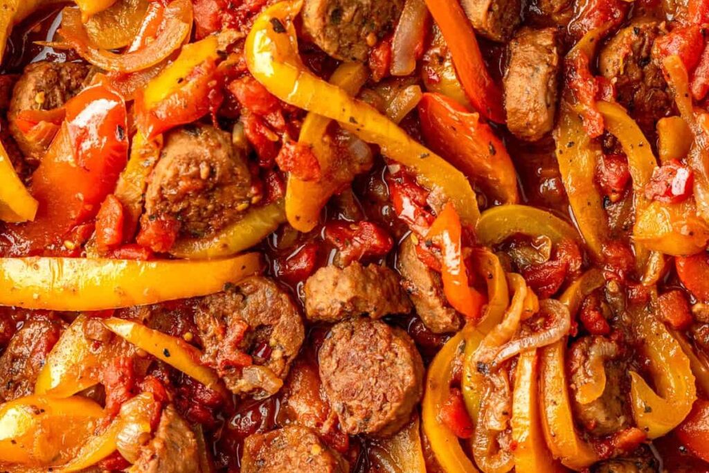 Mouthwatering Sausage, Peppers, and Onions using Beyond Meat 