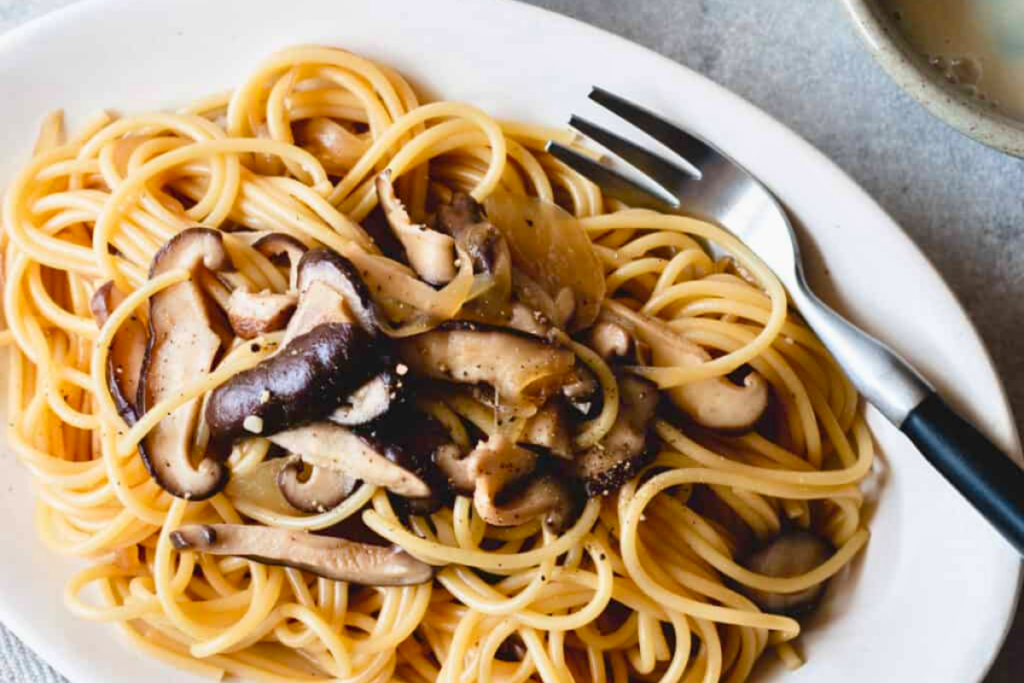 A plate of Shiitake Mushroom Pasta Recipe (Vegan)