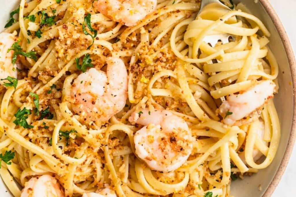 Mouthwatering Shrimp Linguine Recipe with Lemon Garlic Breadcrumbs
