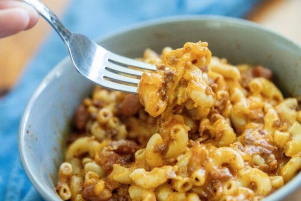 A forkful of Silly Chili Macaroni Recipe