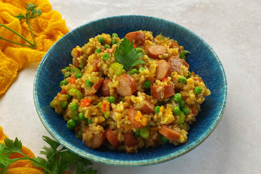 A bowl of Smoked Sausage And Rice