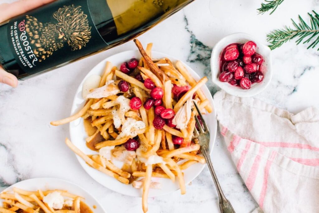 Turkey Leftovers Poutine with wine