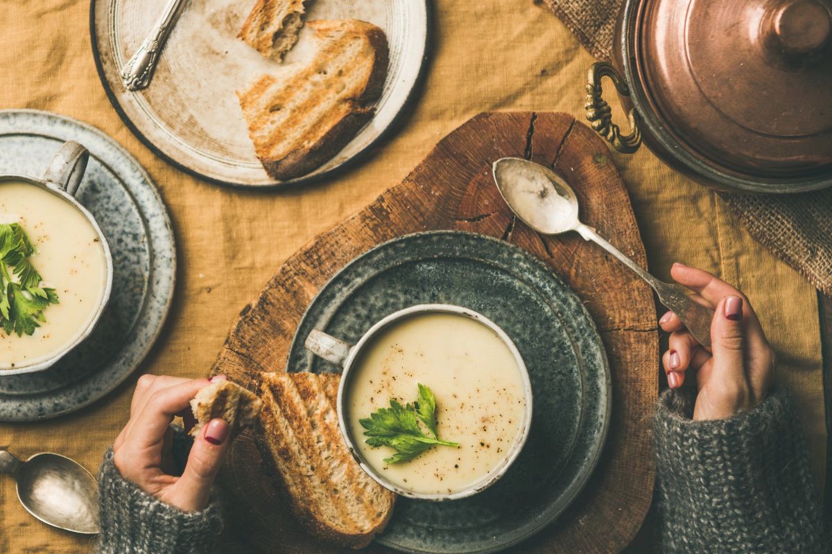 Warm meal of soup and bread