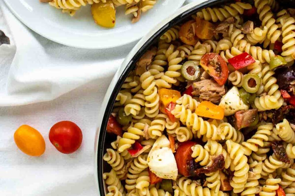 a pan of Zesty Italian Pasta Salad 