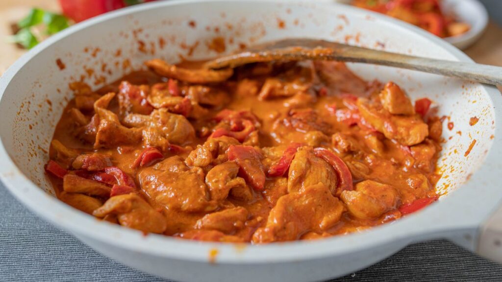 chicken, peppers, and a spicy tomato-cream sauce