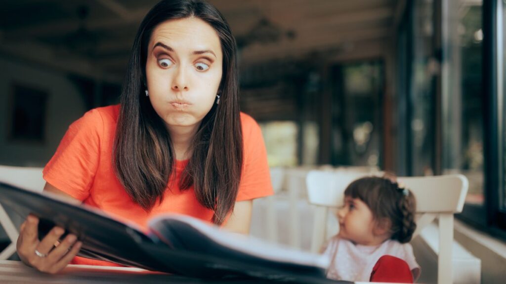 frustrated woman looking at menu