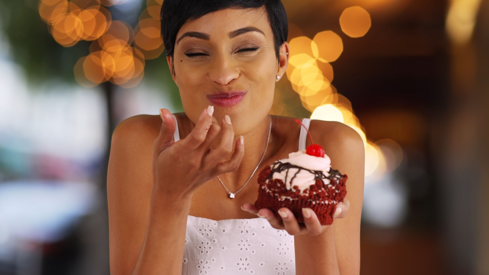 happy eating red velvet muffin dessert