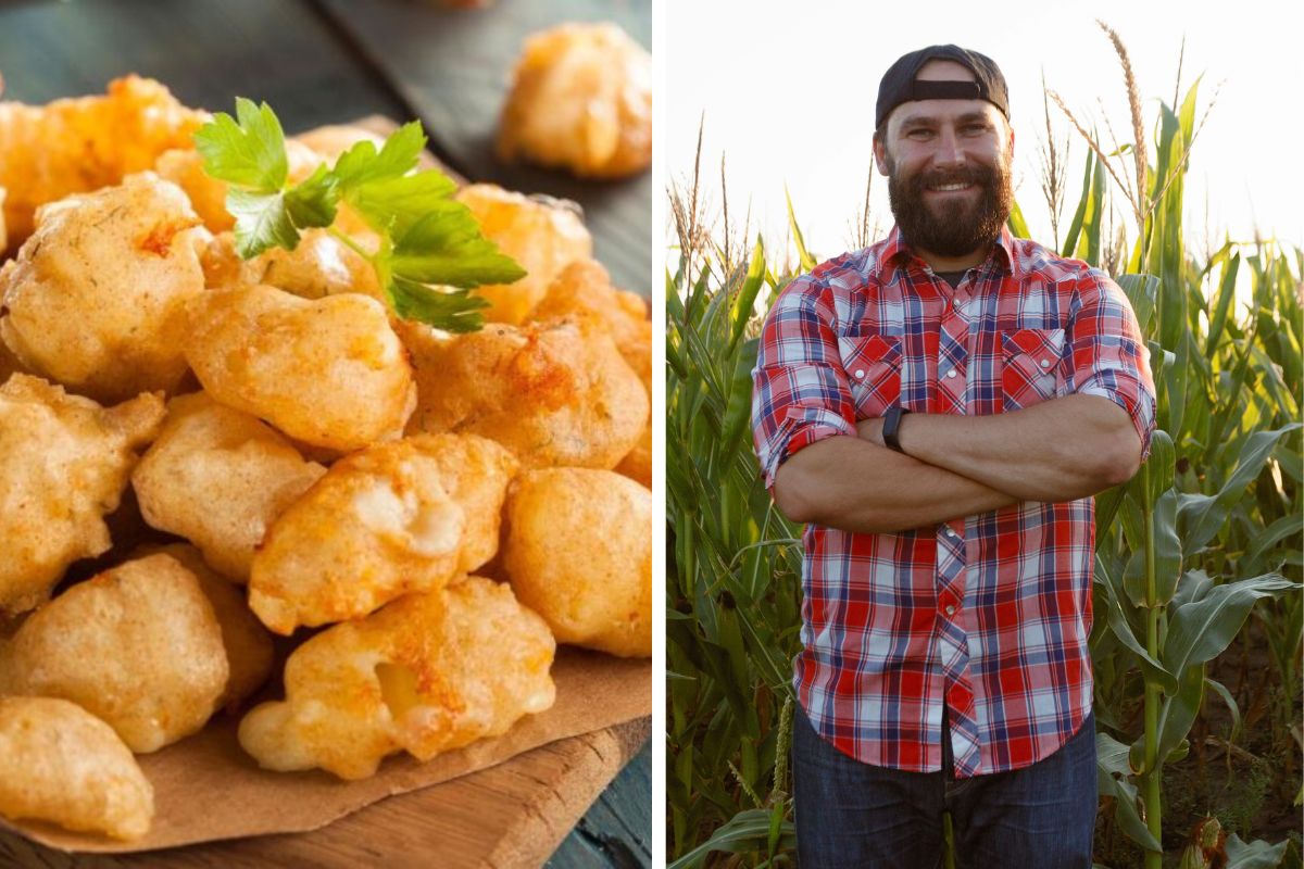 split screen on cheese curds and a farmer