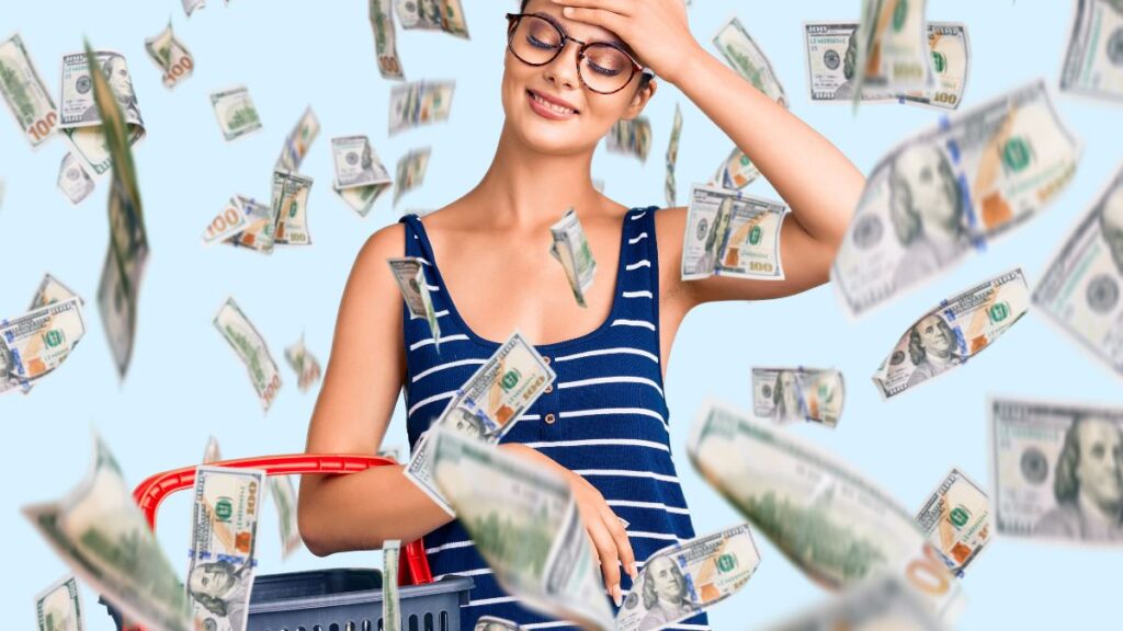 woman shopping surrounded by money