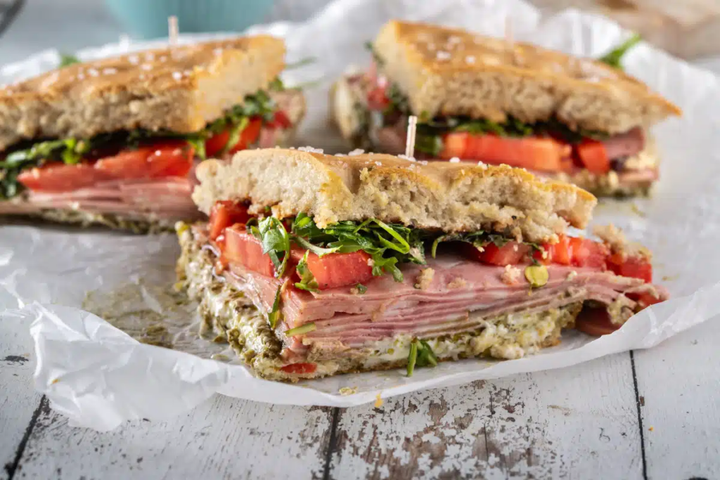 Mortadella, Burrata And Pesto Focaccia Sandwich 