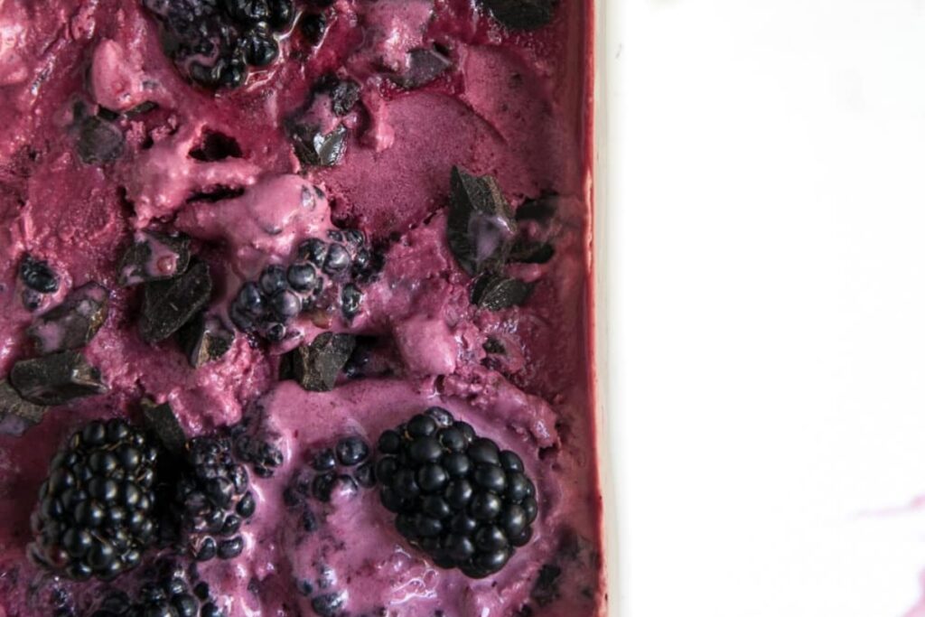 No Churn Blackberry and Chocolate Chunk Ice Cream
