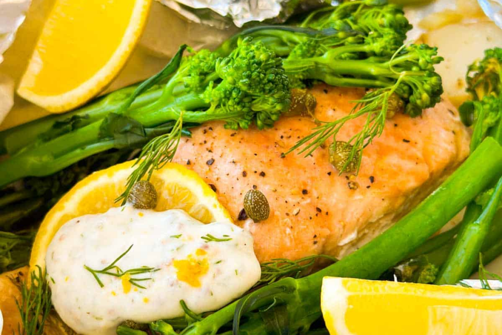 Steamed Salmon With Potatoes And Broccoli In Foil 