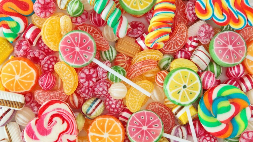 colorful candy with red dye