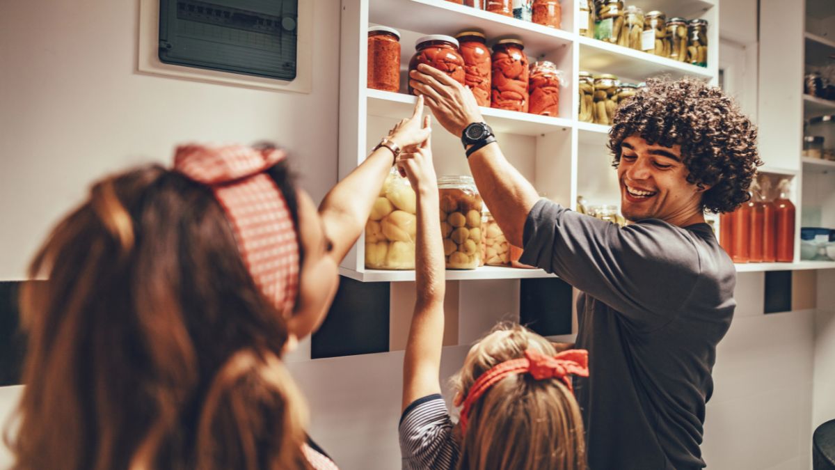 family with food in pantry