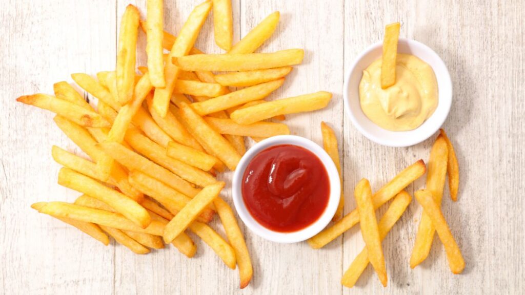 french fries with ketchup and mustard