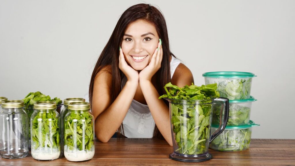 happy woman with prep jars