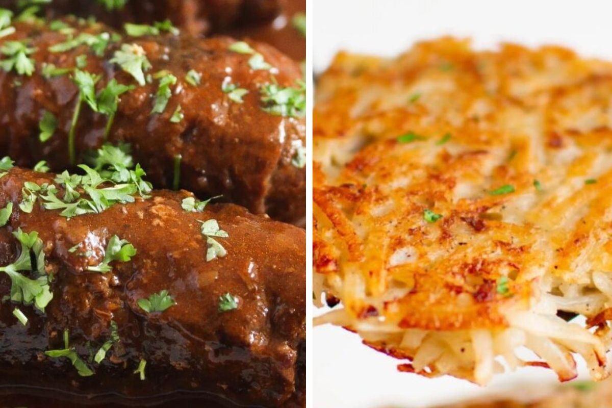 collage of german food. hash browns and beef rolls