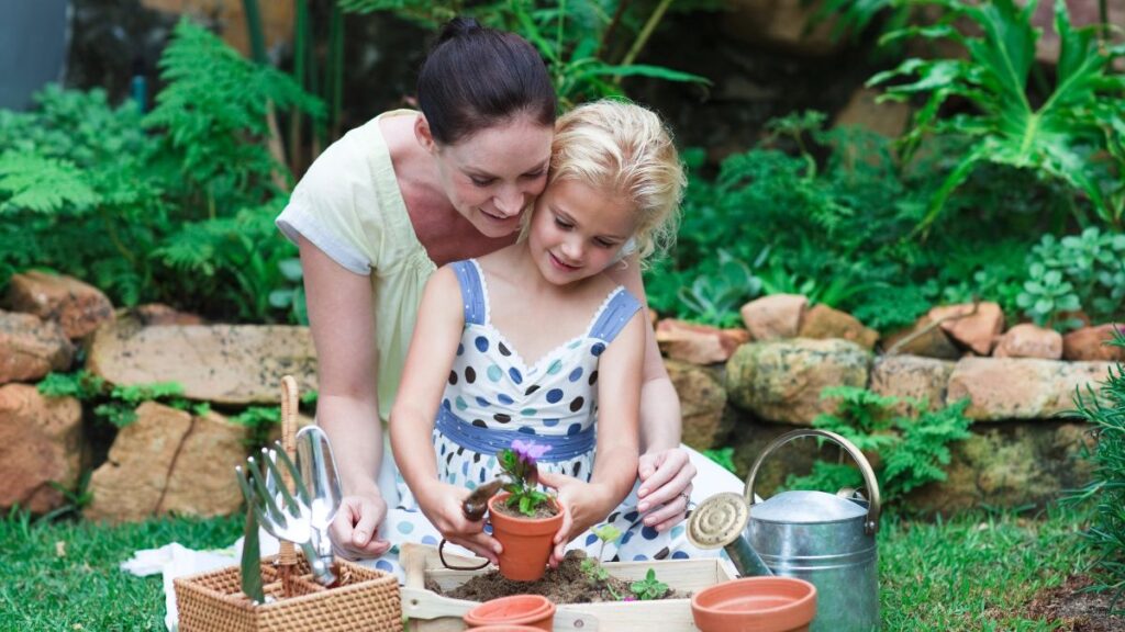 mom and daughter gardening