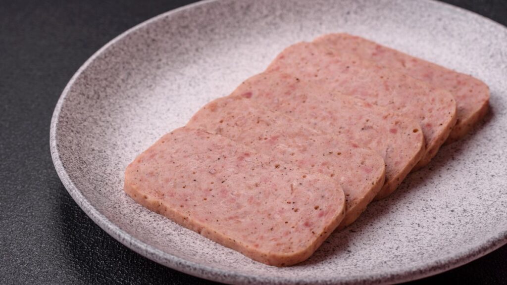 sliced spam on plate