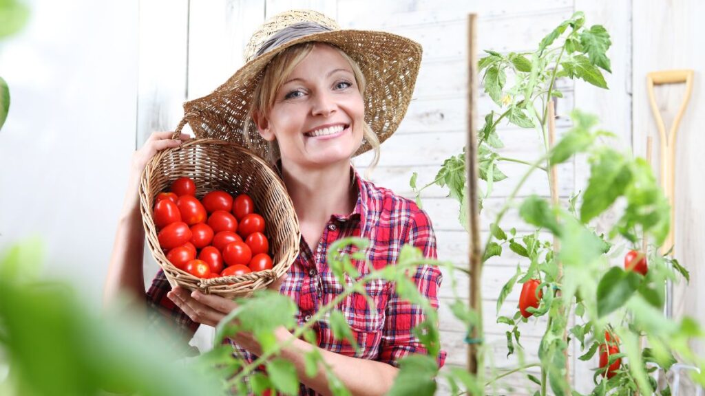 woman in garden with cherry tomatoes