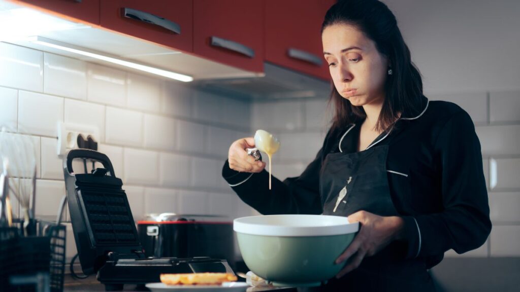 woman looking frustrated cooking with batter 