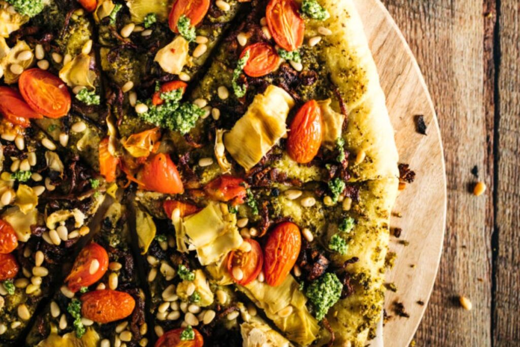 Easy Pesto Pizza Recipe With Fresh Tomatoes (Vegan) 