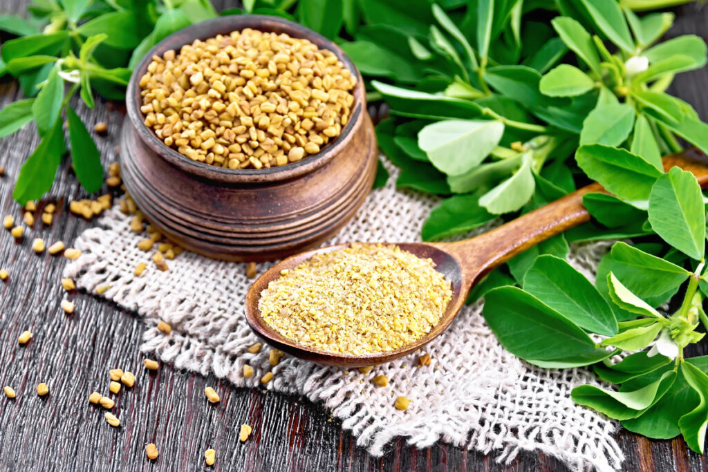 Fenugreek in spoon and bowl with green leaves on wooden table