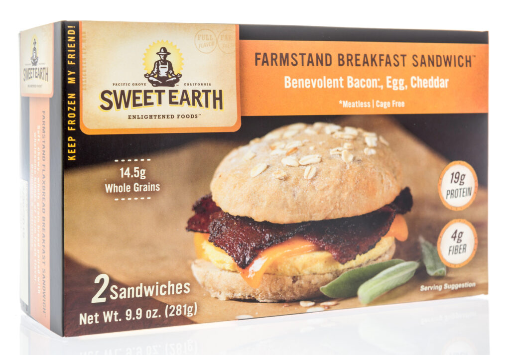 A box of Sweet Earth farmstand breakfast sandwich on an isolated background.