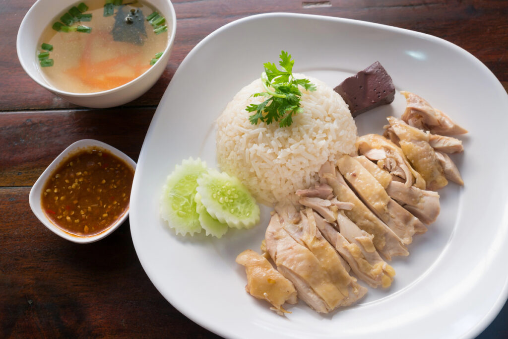 Hainanese Chicken Rice with sauce and soup