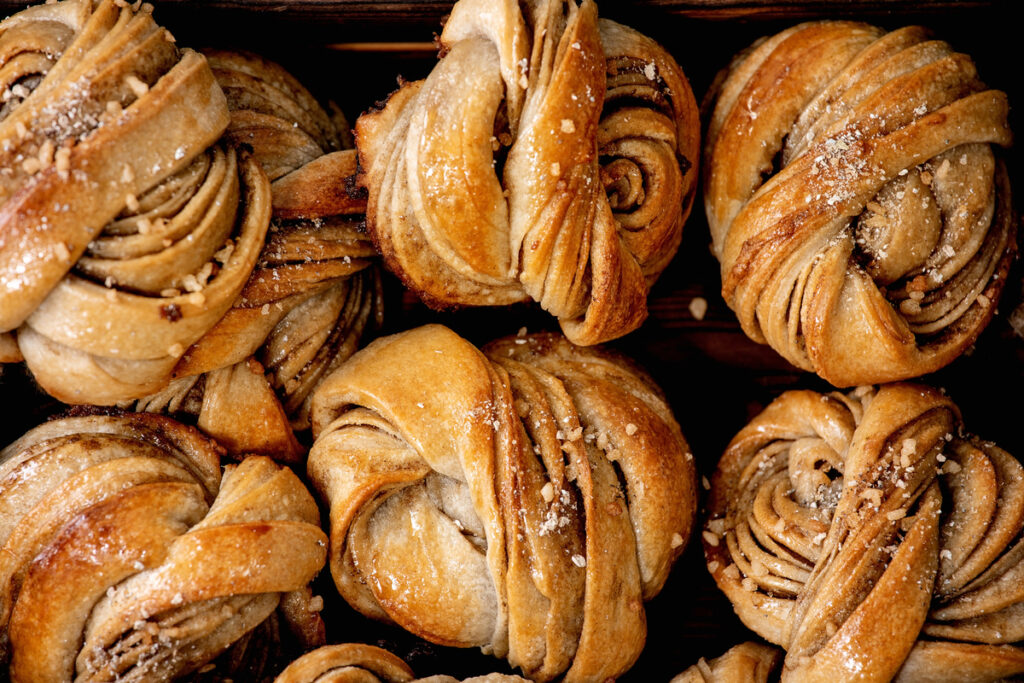 Close up of traditional Swedish cardamom sweet buns Kardemommesnurre