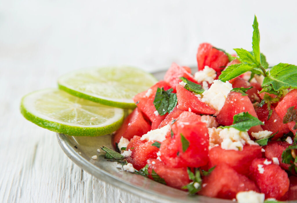 Watermelon and Feta Cheese Salad with liime