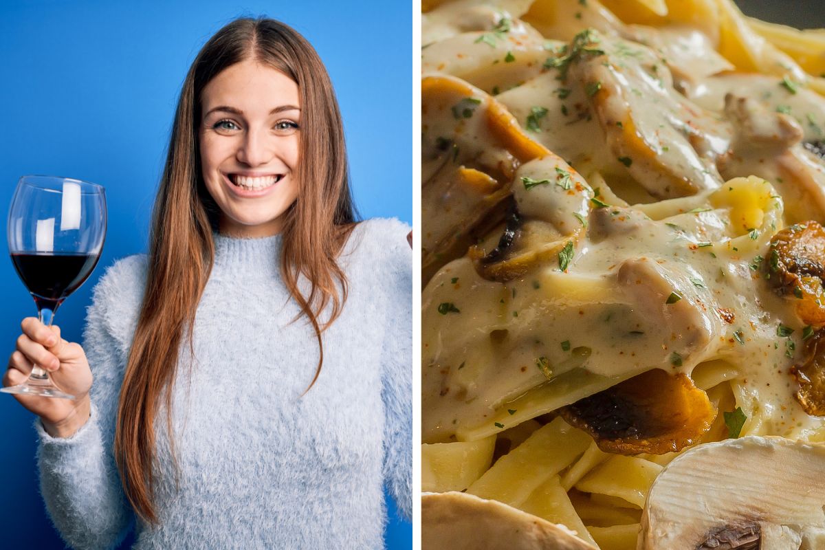 split image one with a woman holding a wine glass and another of a white pasta dish